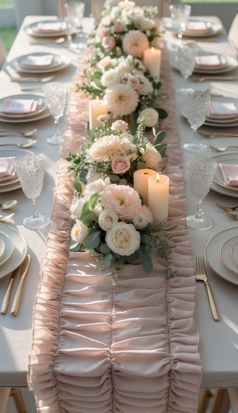A dining table set with a pastel ruffled table runner, dinnerware, candles, and floral centerpieces under natural light.