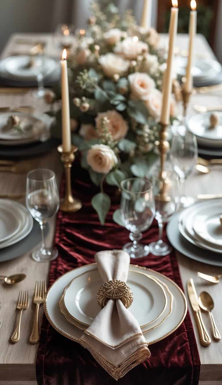 A dining table set with velvet napkin rings, dinnerware, floral centerpieces, and candles, viewed fully from above in natural light.