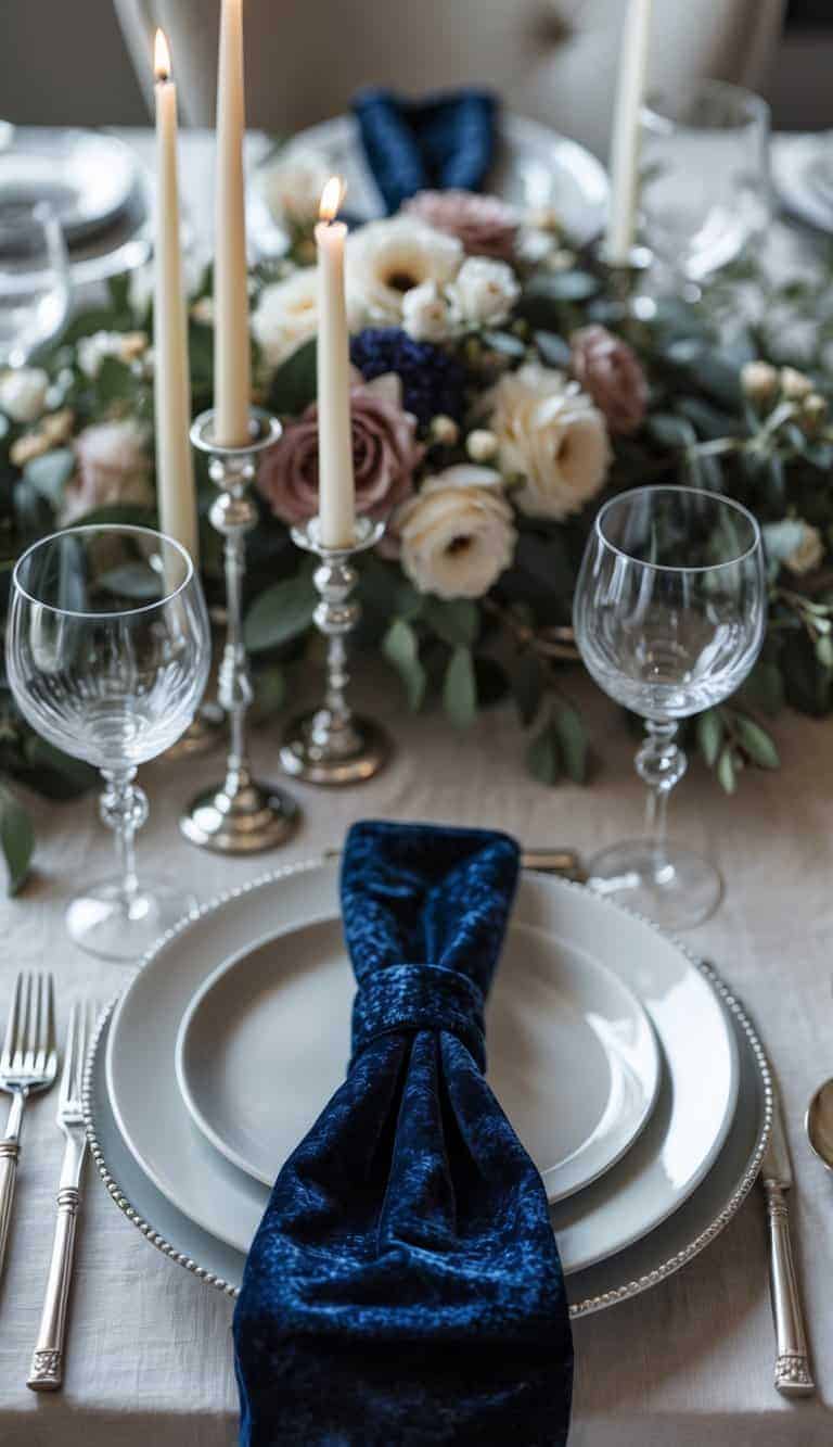 A dining table set with white plates, silver cutlery, clear glasses, midnight blue velvet napkins, floral centerpieces, and lit candles.