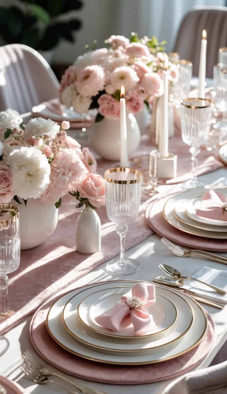 Dining table set with blush pink placemats, white plates, silver cutlery, glassware, floral centerpieces, and lit candles.