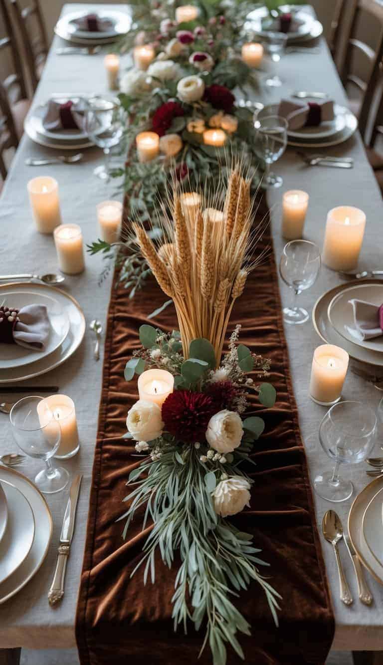 A dining table set with plates, glasses, cutlery, wheat stalks, floral centerpieces, candles, and a velvet table runner under natural light.