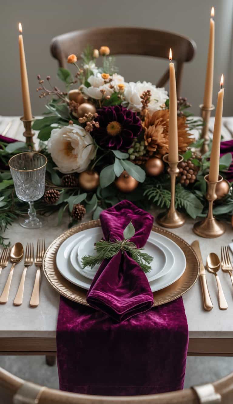 A full dining table set with velvet napkins, bronze flatware, floral centerpiece, and lit candles in natural light.
