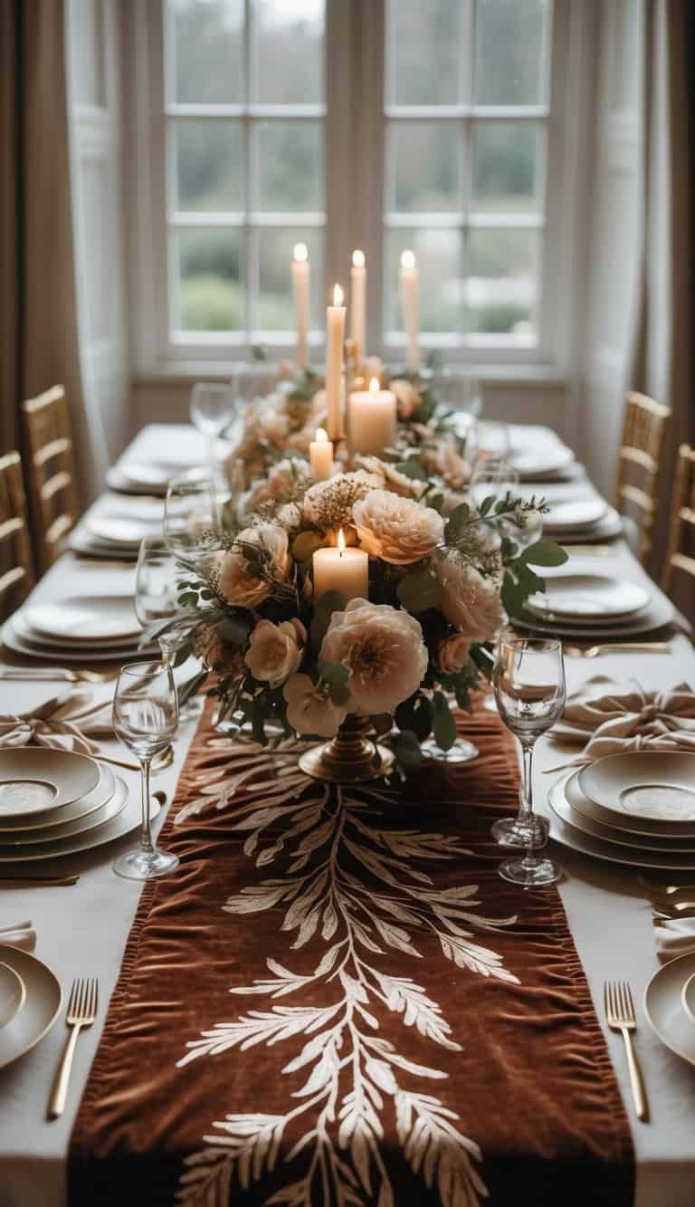 A dining table set with a velvet runner featuring leaf patterns, elegant dinnerware, floral centerpieces, and candles, all illuminated by natural light.