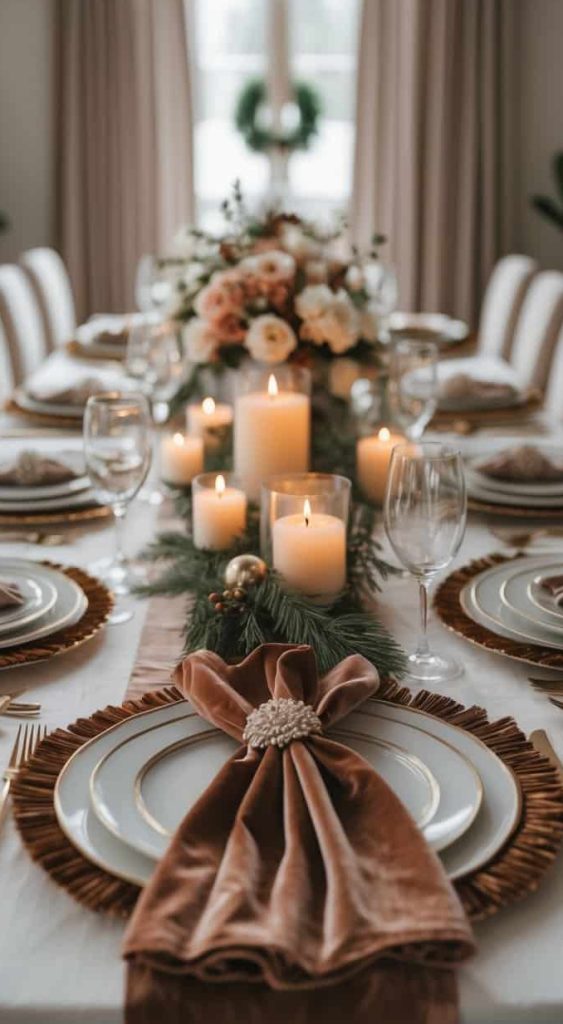 A formal dining table set with gold-rimmed plates, gold cutlery, brown napkins, lit candles, and a floral centerpiece in a bright room.