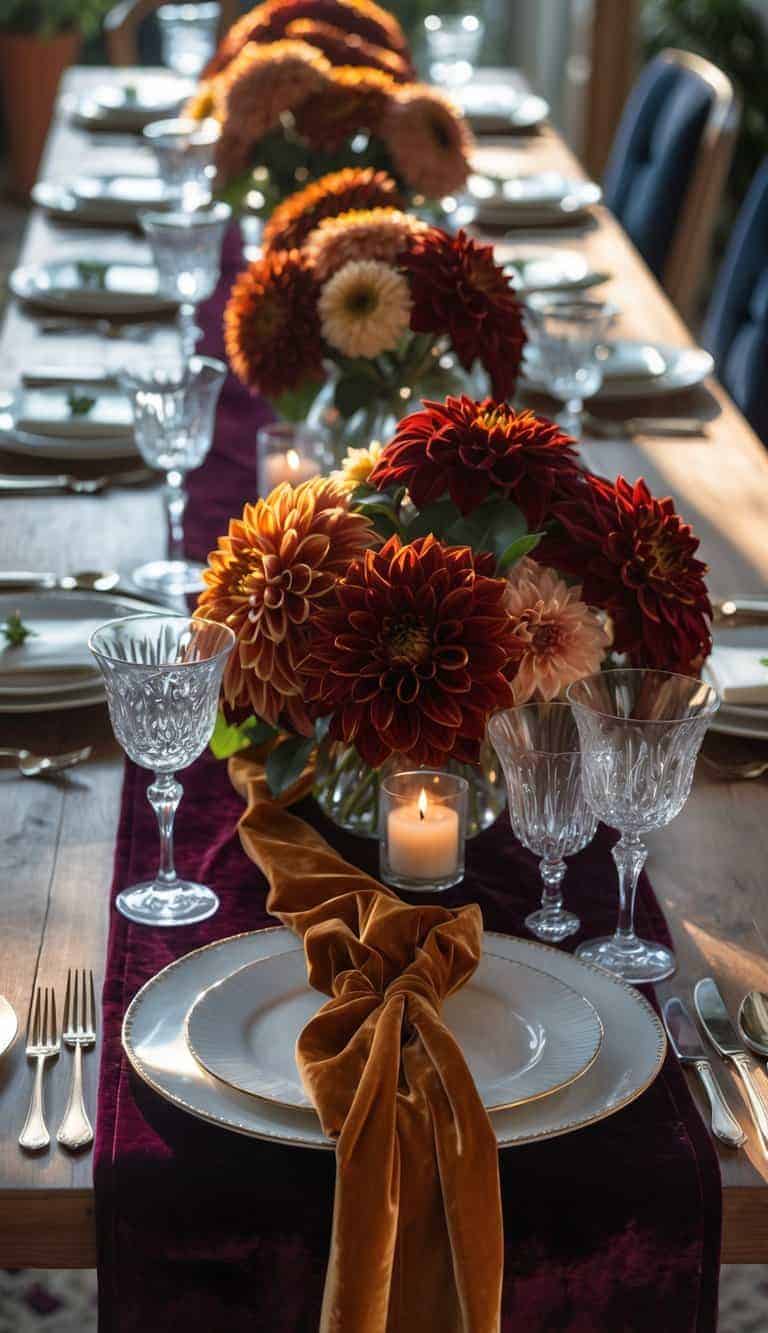 A dining table set with plates, glasses, cutlery, a velvet table runner, dahlia flower bouquets, and candles under natural light.