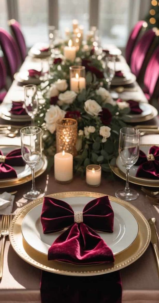 Elegant dining table set with gold-rimmed plates, burgundy napkins folded as bows, candles, glassware, and floral centerpiece in a brightly lit room.