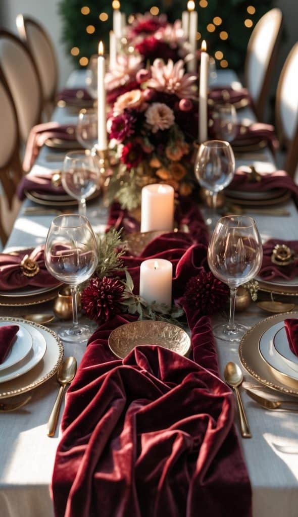 A formal dining table is set with burgundy velvet napkins, gold cutlery, white plates, wine glasses, candles, and a floral centerpiece.