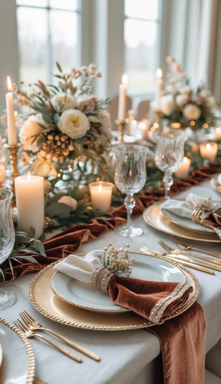 A dining table set with velvet-trimmed linen napkins, dinnerware, candles, and floral centerpieces, illuminated by natural light.