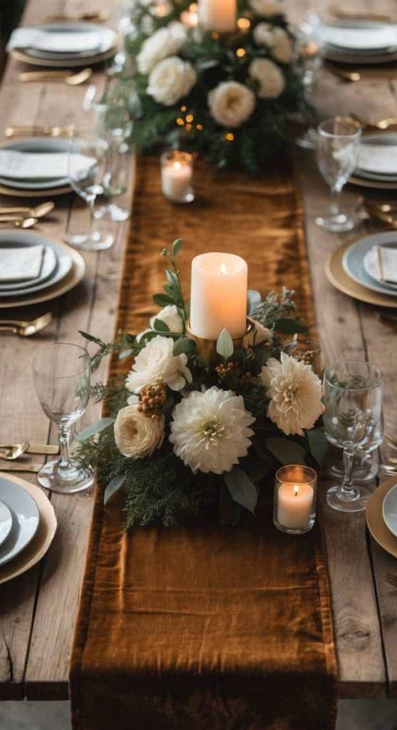 A wooden dining table set with white plates, gold cutlery, and glasses, featuring a brown velvet runner, white floral arrangements, and lit candles as a centerpiece.