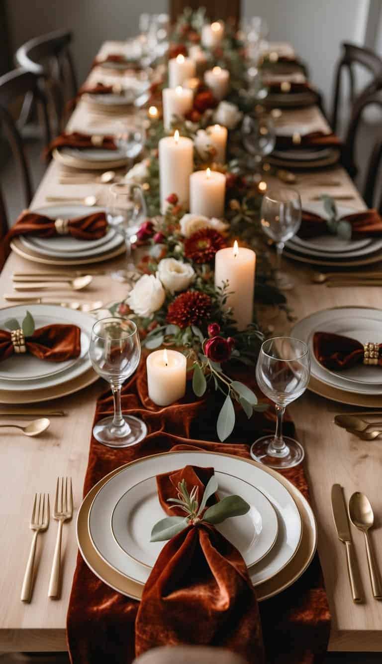 A dining table set with velvet napkins, plates, glasses, cutlery, floral centerpieces, and candles under natural light.