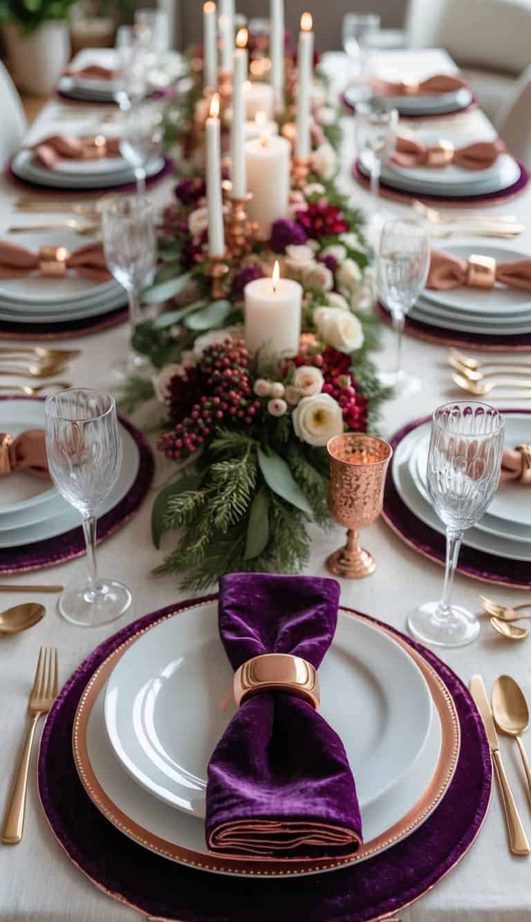 A dining table set with velvet placemats, copper napkin rings, white plates, glasses, cutlery, floral centerpieces, and candles.