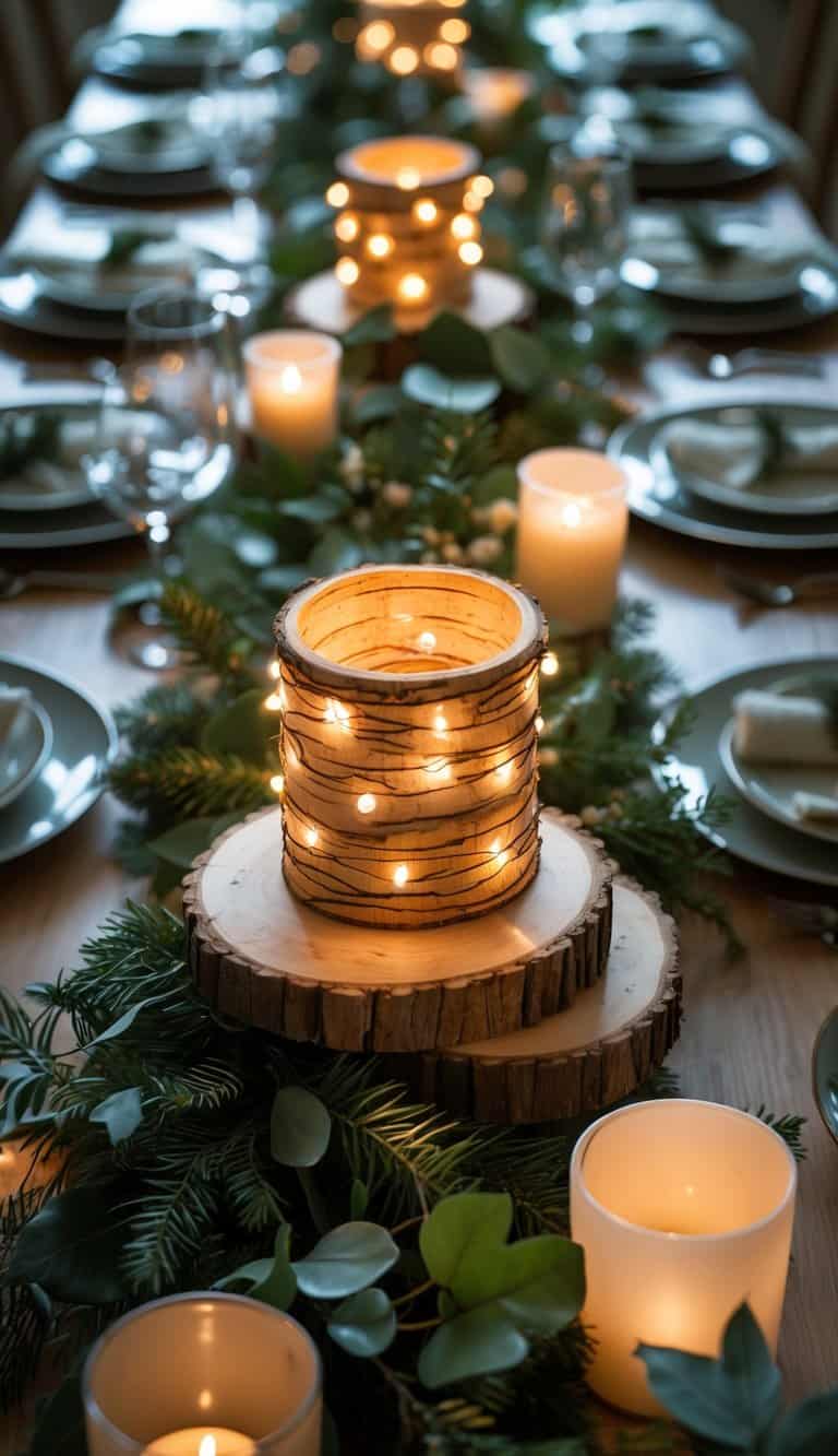 A dining table set with dinnerware, wood slice centerpieces wrapped in fairy lights, candles, and greenery under natural light.