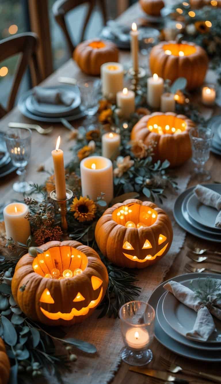 Dining table set with carved pumpkins glowing with fairy lights, surrounded by candles, greenery, and dinnerware in natural daylight.