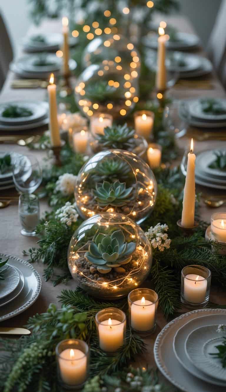 Dining table set with dinnerware, terrariums containing succulents and fairy lights, candles, flowers, and greenery under natural light.