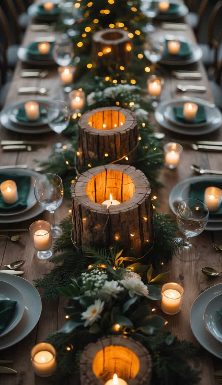 A dining table set with plates, glasses, candles, greenery, and hollowed logs filled with fairy lights as a centerpiece.