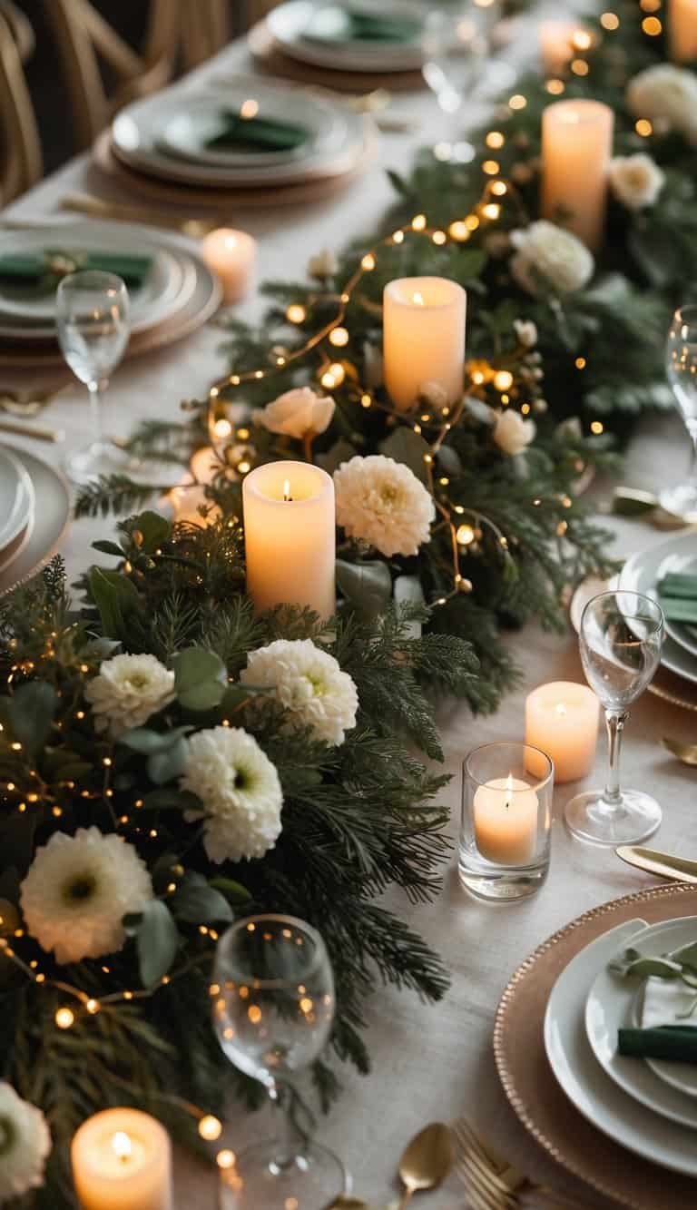 A dining table set with dinnerware, candles, greenery, florals, and name card holders illuminated by fairy lights.