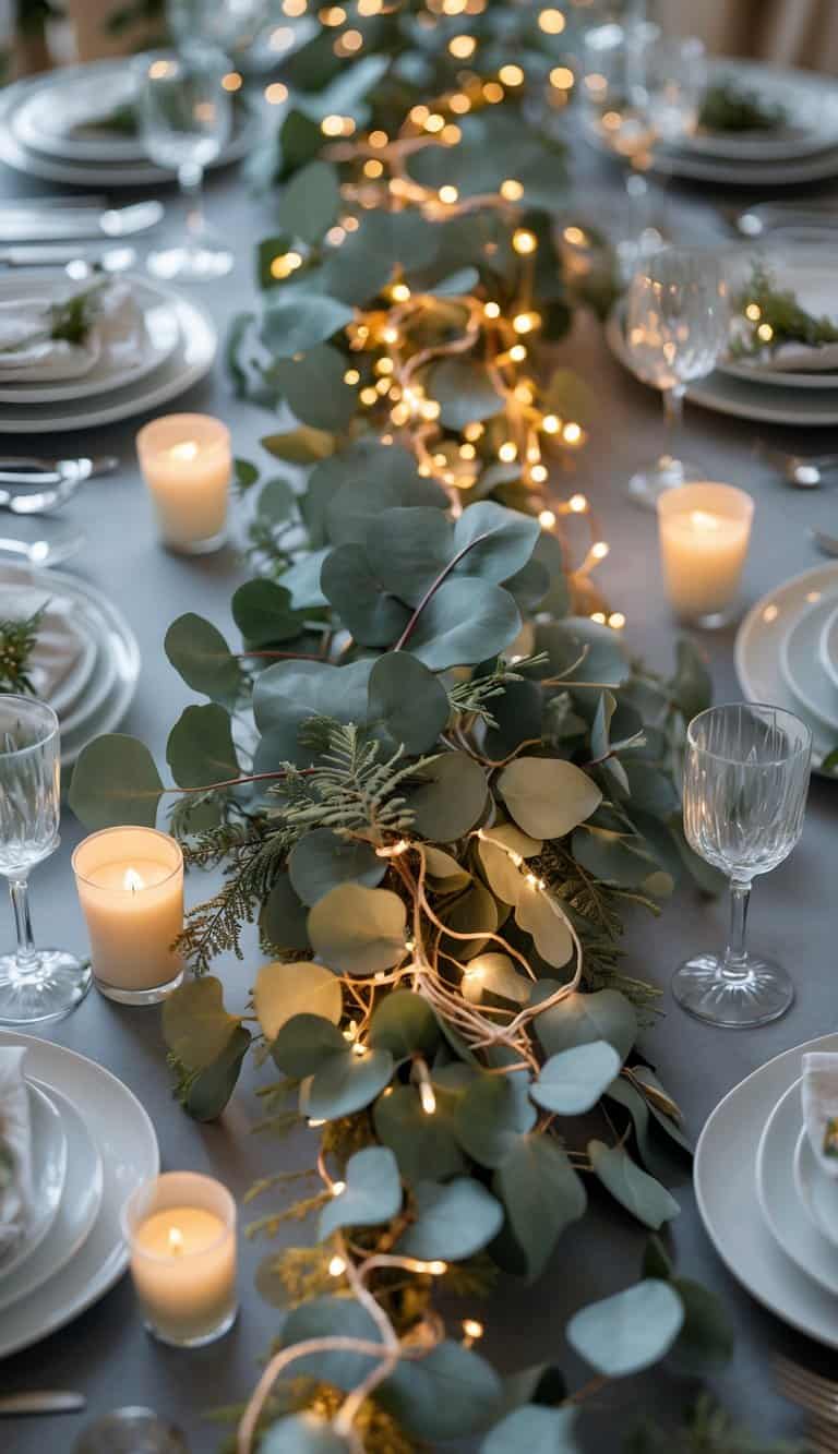 A dining table set with plates, glasses, cutlery, eucalyptus sprigs, fairy lights, candles, and floral arrangements under natural light.