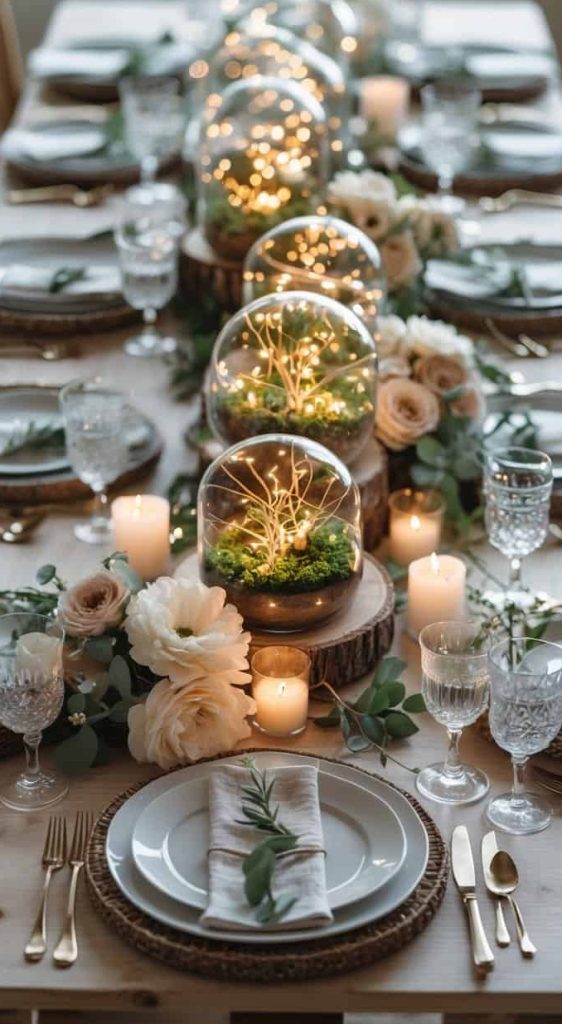 A dining table set with white plates, gold cutlery, crystal glasses, candles, flowers, and glass domes containing small lights and greenery as centerpieces.