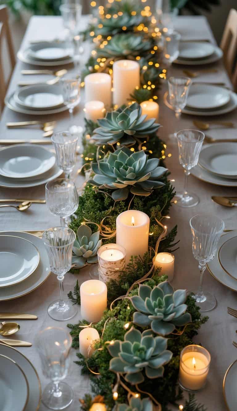 A dining table set with plates, glasses, cutlery, succulents entwined with fairy lights, candles, and flowers, illuminated by natural light.