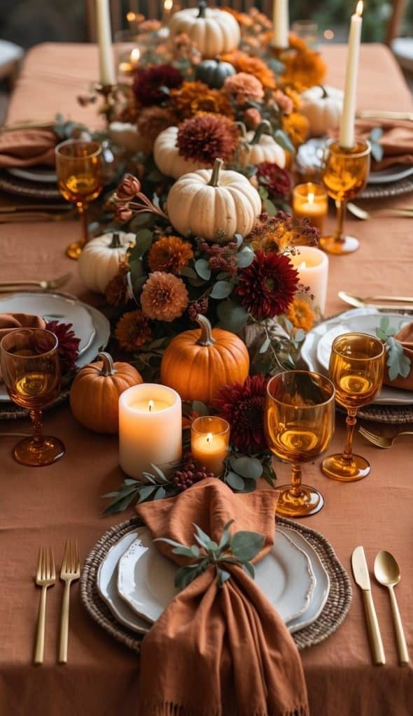 A fall-themed table setting with orange napkins, gold cutlery, amber glasses, white plates, candles, pumpkins, and autumn floral centerpiece.