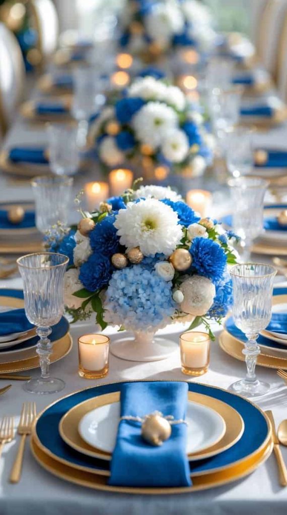 A formal dining table set with blue and white flower centerpieces, gold-rimmed plates, blue napkins, gold cutlery, and lit candles.