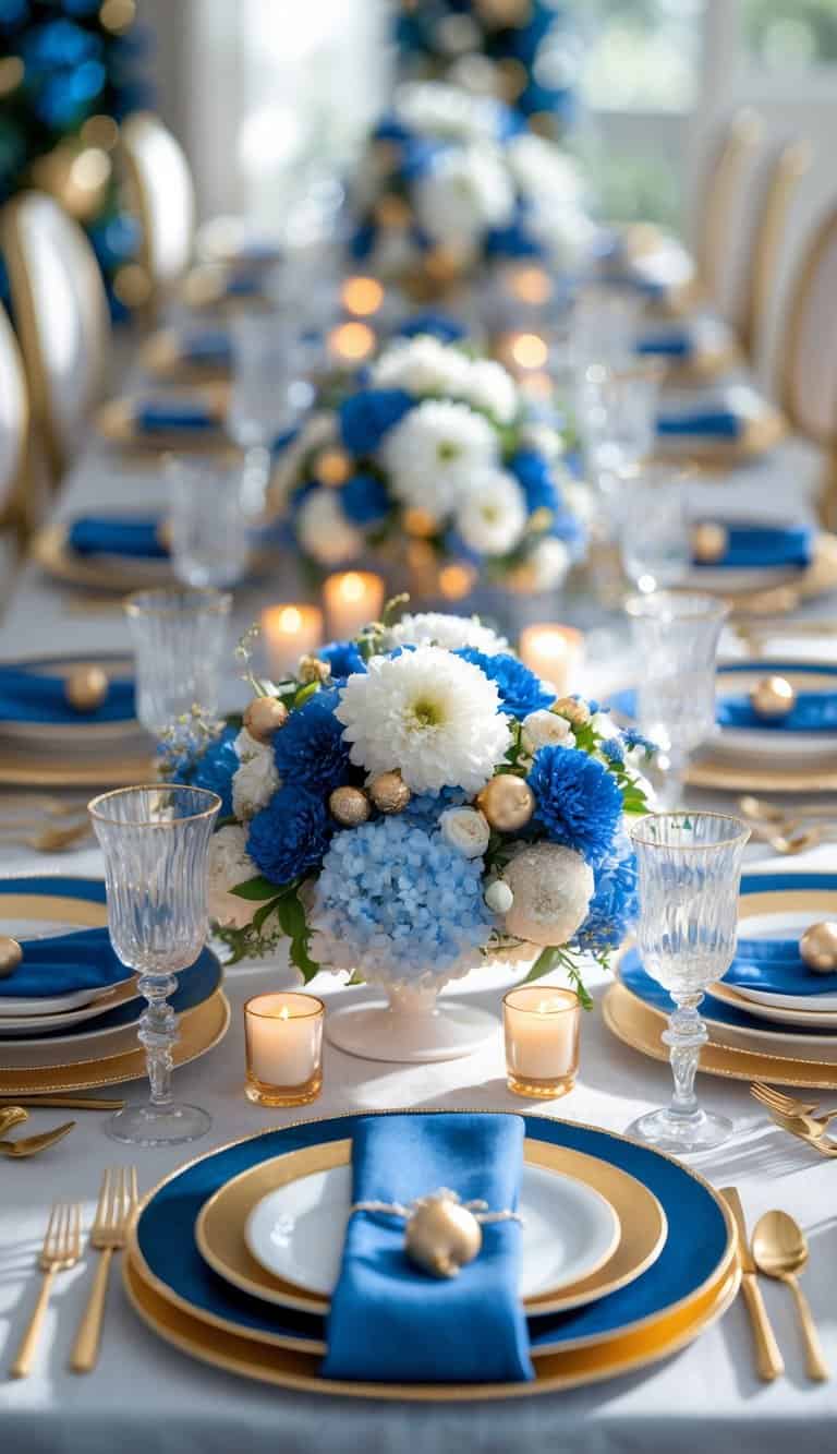 A dining table set with blue and gold plates, glasses, gold cutlery, floral centerpieces, and candles.