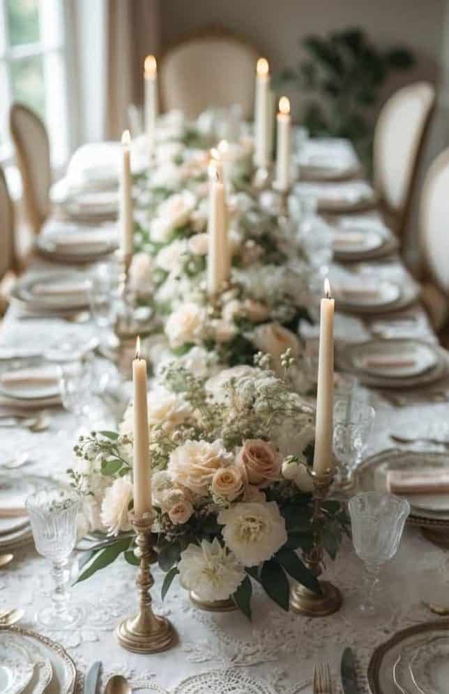 Elegant table set with white lace tablecloth, gold-rimmed plates, silver cutlery, floral centerpieces, and tall candles, ready for a formal meal in a bright room.