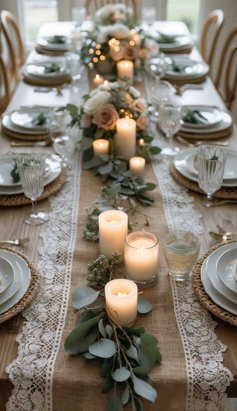 A dining table set with dinnerware, lace runners over burlap, floral centerpieces, and lit candles under natural light.