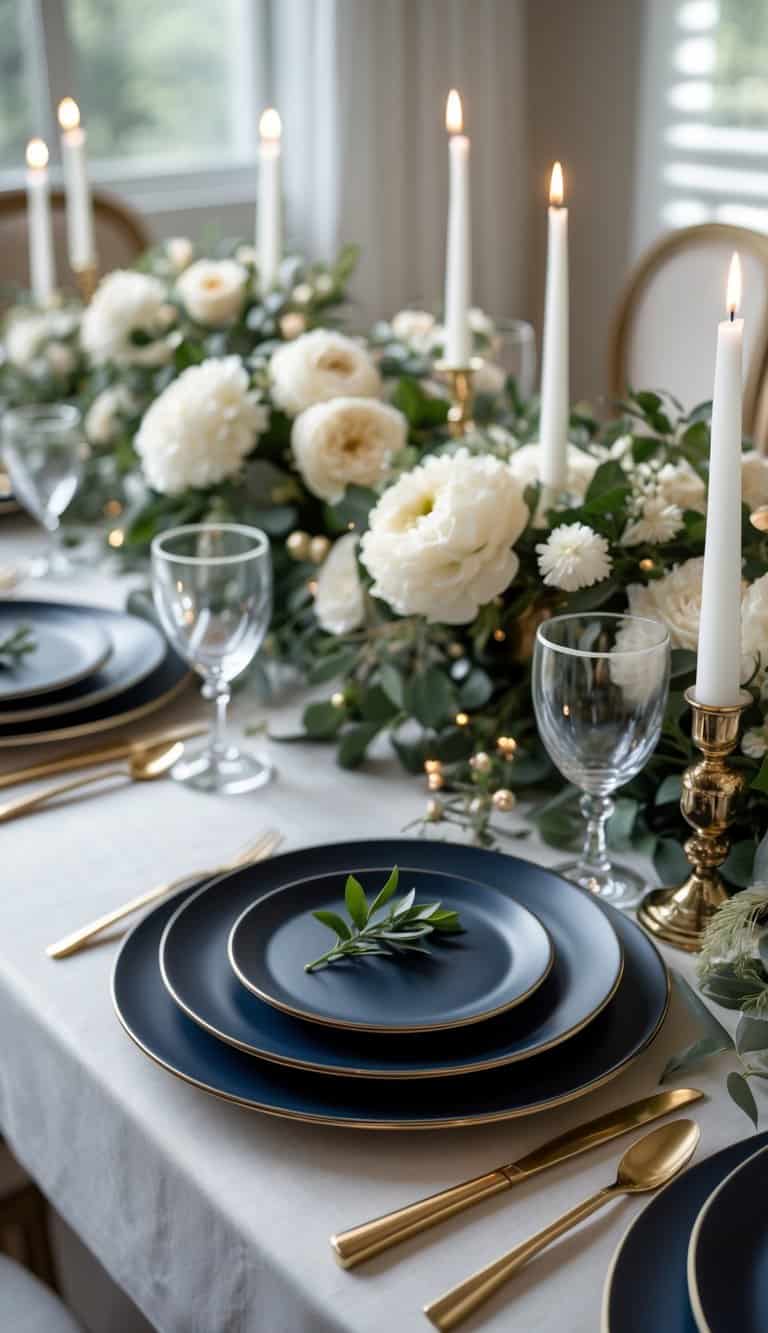 A dining table set with matte navy blue ceramic plates, cutlery, glasses, floral centerpieces, and lit candles.