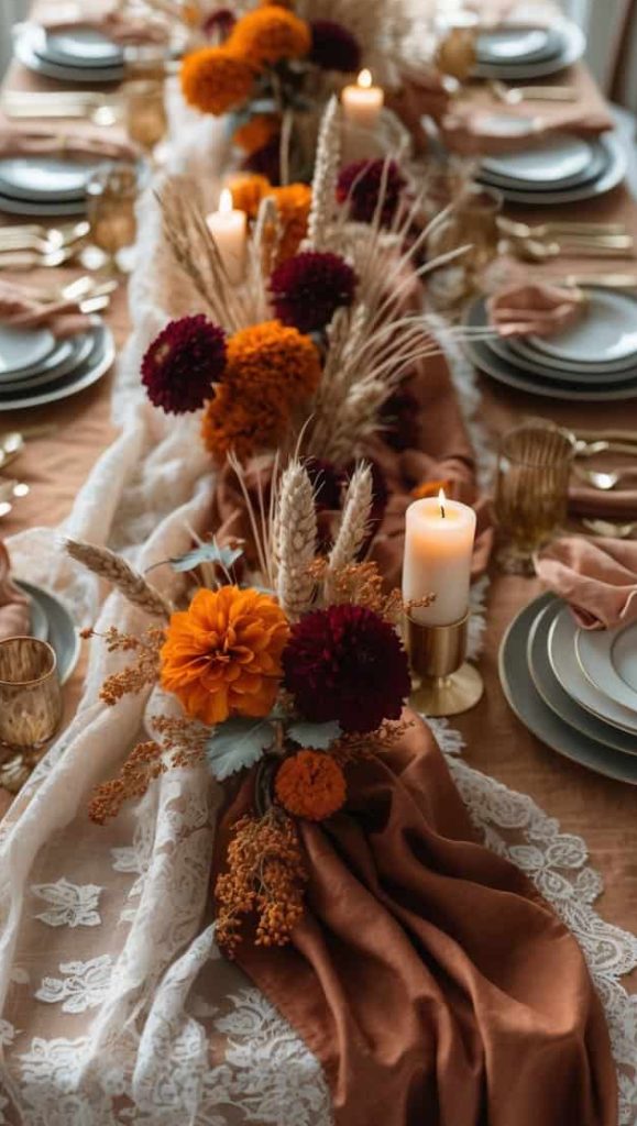 A dining table set with elegant plates, gold cutlery, orange napkins, candles, and autumn floral centerpieces on a lace and burnt orange tablecloth.