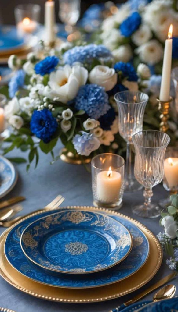 Elegant dinner table set with blue and gold plates, gold cutlery, lit candles, crystal glasses, and a floral centerpiece featuring white and blue flowers.