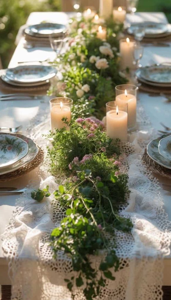 A white outdoor dining table set with floral plates, gold chargers, lace table runner, greenery, flowers, and lit pillar candles in natural daylight.