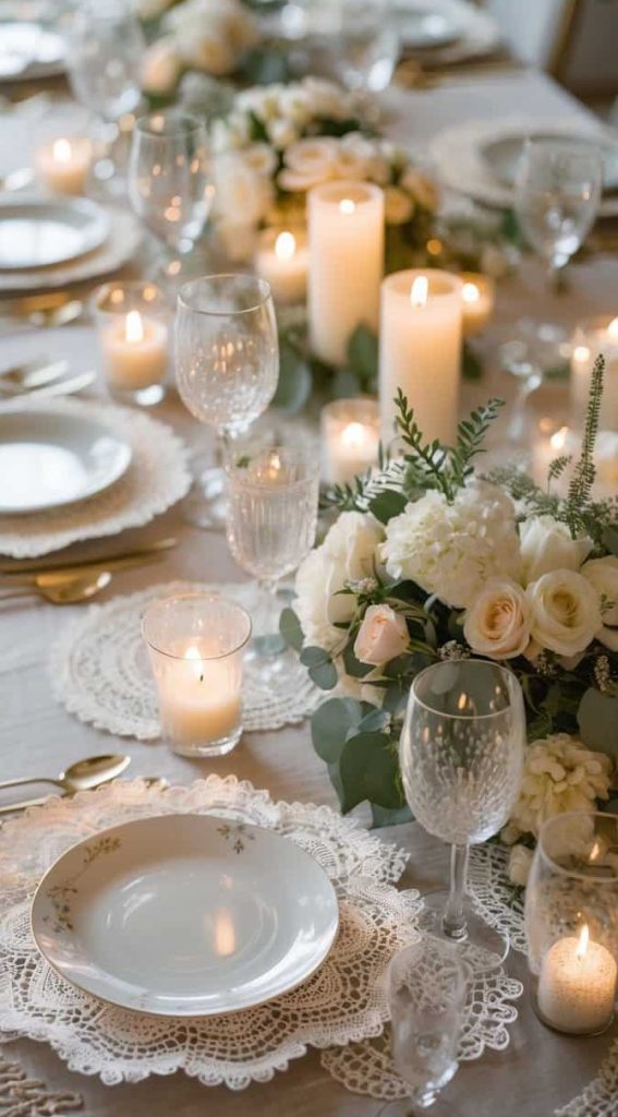 A formal dining table set with plates, glassware, gold cutlery, floral centerpieces, and lit candles on a white tablecloth.