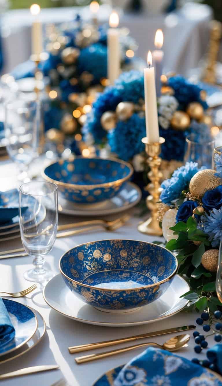 A dining table set with blue and gold patterned bowls, plates, glasses, cutlery, candles, and floral centerpieces, illuminated by natural light.