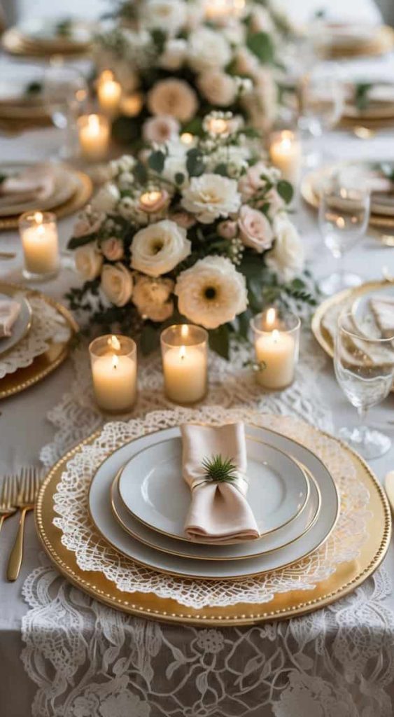 Elegant table setting with gold-rimmed plates, beige napkins, lace tablecloth, floral centerpieces, and lit candles arranged neatly for a formal event or dinner.