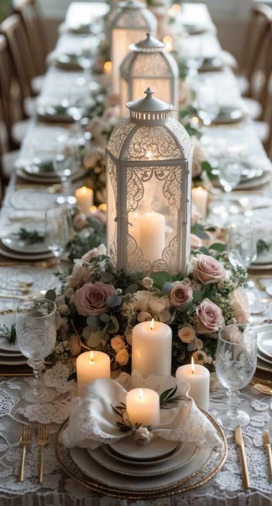 A long dining table set with lace tablecloth, elegant plates, gold cutlery, glassware, white lanterns, lit candles, and floral arrangements featuring roses and greenery.