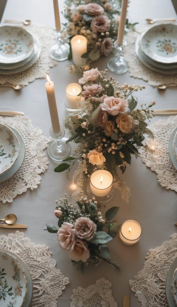 Elegant table setting with floral centerpieces, lit candles, lace placemats, and vintage-style plates and cutlery arranged neatly on a white tablecloth.