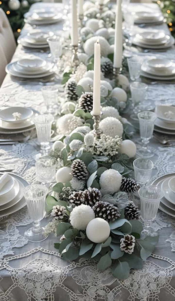 A formal dining table is set with white plates, crystal glasses, and silverware, featuring a winter centerpiece of pinecones, white ornaments, candles, and greenery on a lace tablecloth.