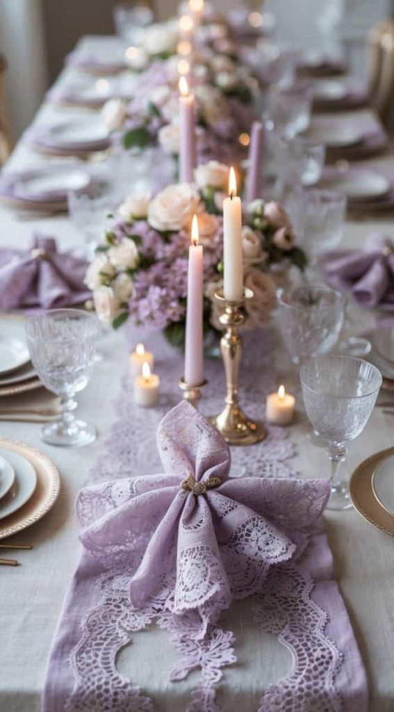 Elegant dining table set with lavender lace napkins, gold-rimmed plates, crystal glasses, floral centerpieces, and lit candles arranged in a row.
