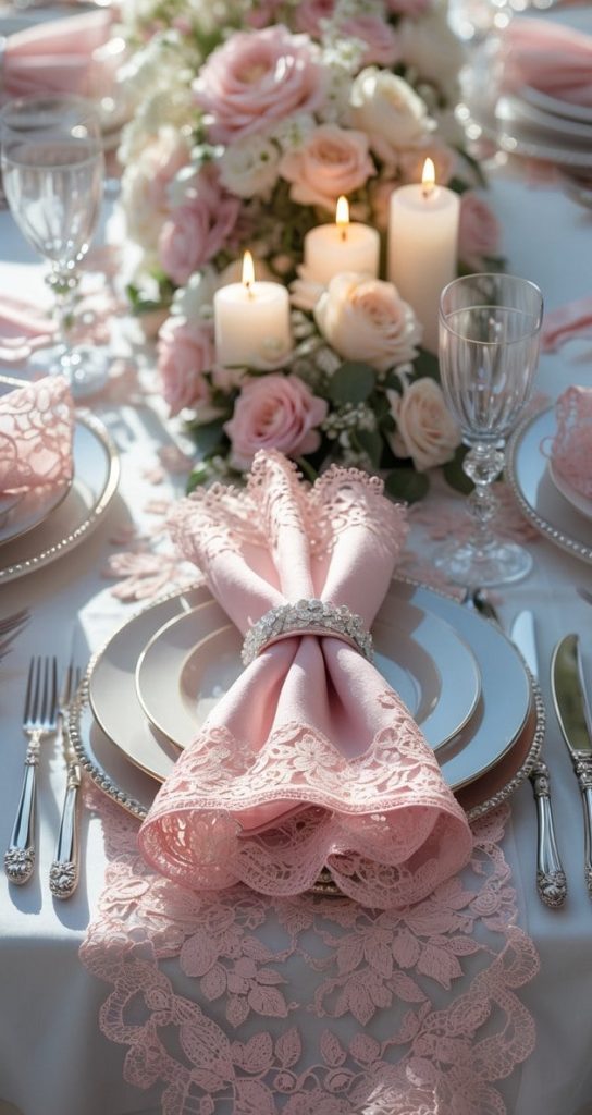 Elegant table setting with pink lace napkins, silver cutlery, white plates, glassware, and a centerpiece of pink roses and candles arranged on a white tablecloth.