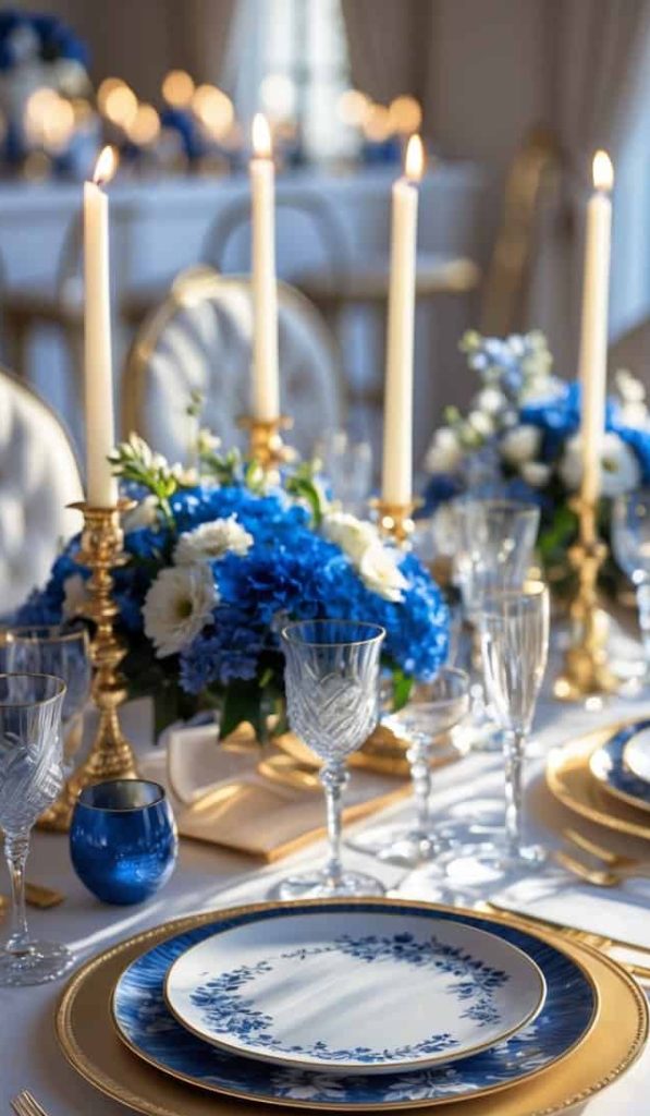 Elegant table setting with blue and white plates, gold cutlery, crystal glasses, tall lit candles, and blue and white floral centerpieces on a white tablecloth.