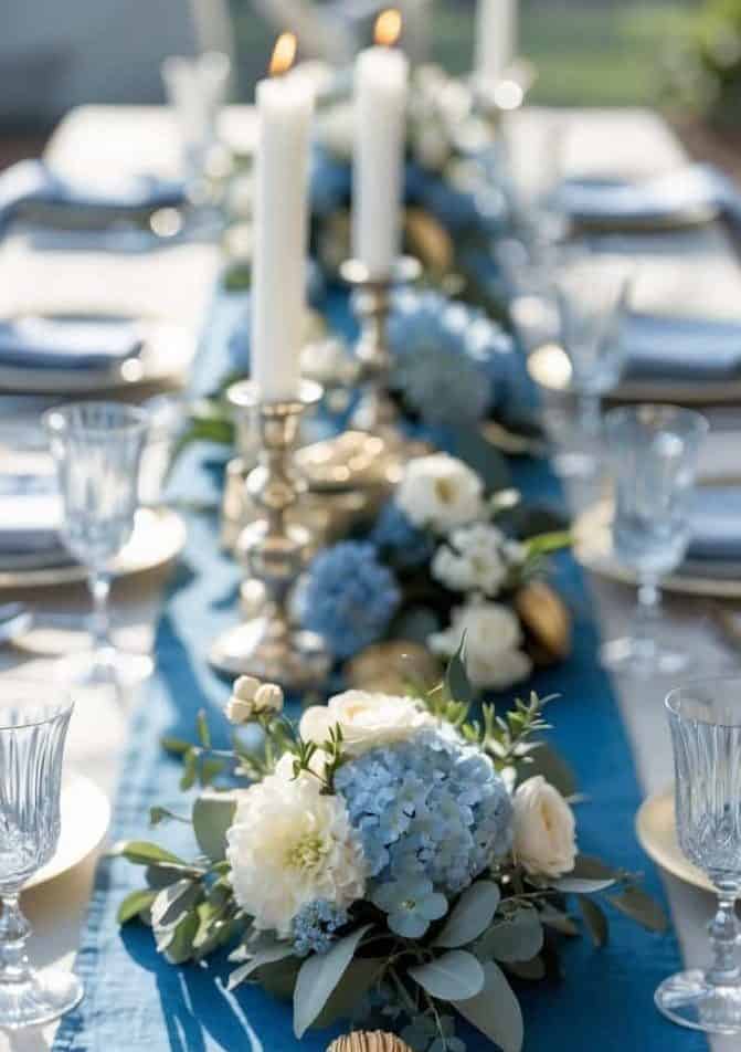 Elegant table setting with crystal glasses, white plates, blue table runner, floral centerpiece, two lit candles, and a gold tassel accent.