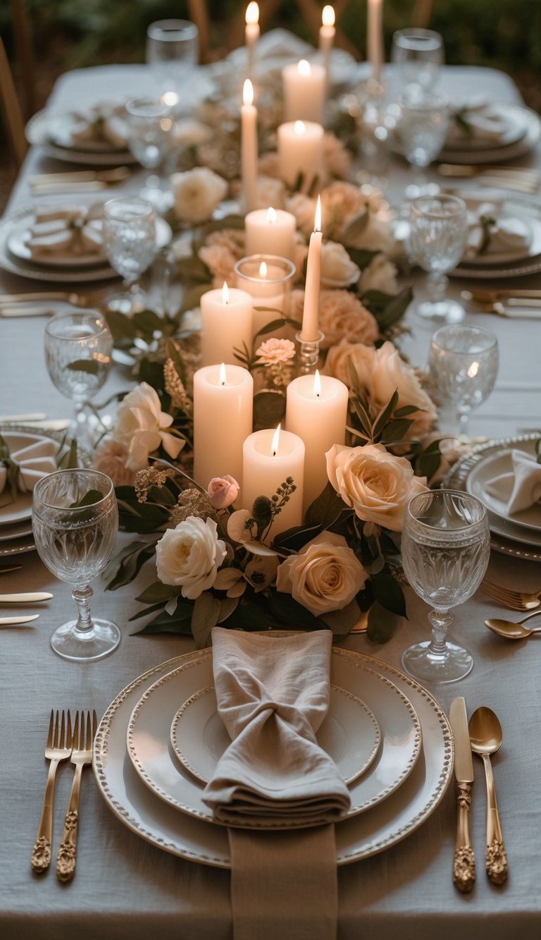 A dining table set with plates, glasses, cutlery, candles, and floral centerpieces under natural light.