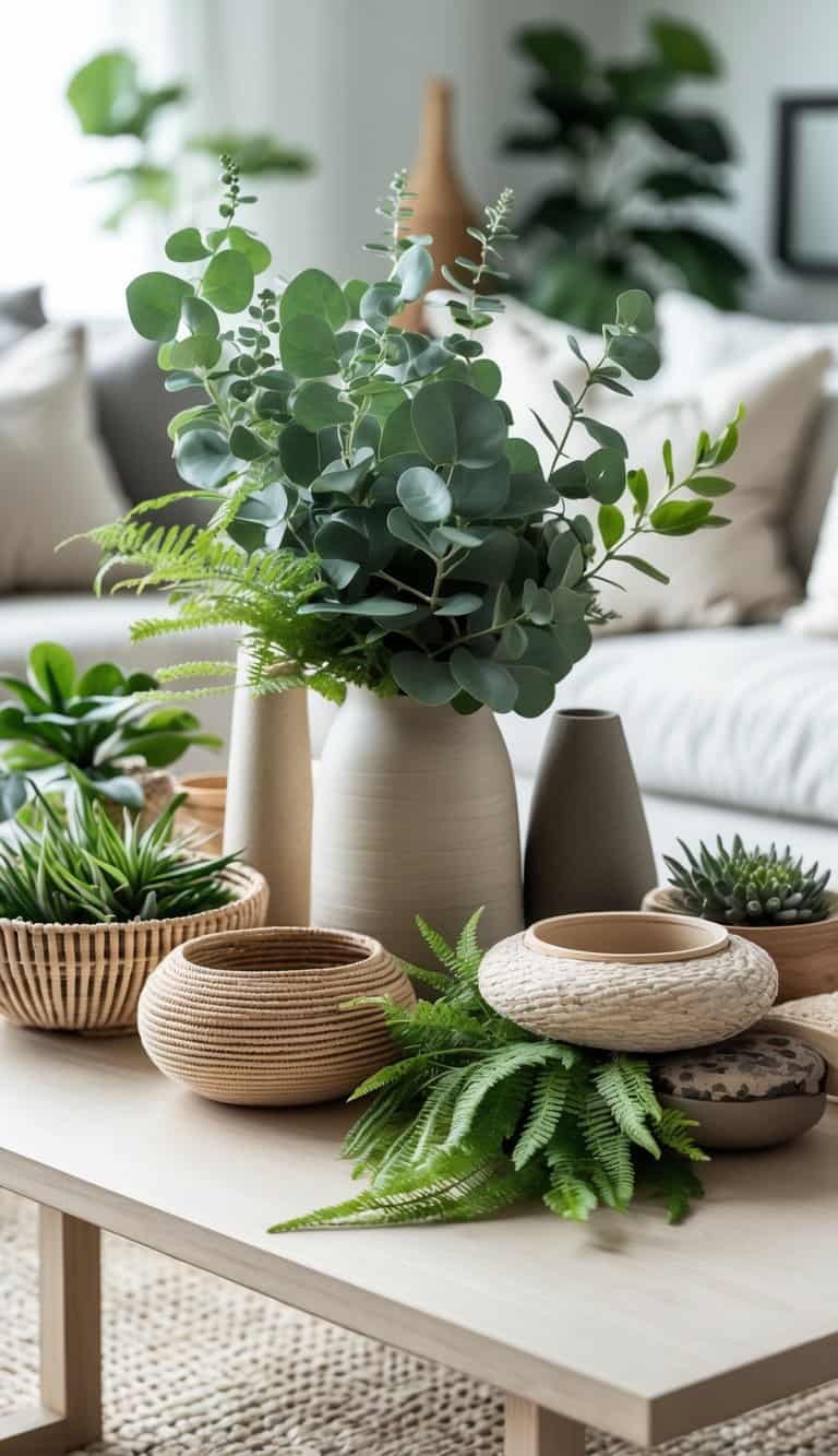 A coffee table decorated with green plants and textured decorative objects in a cozy living room.