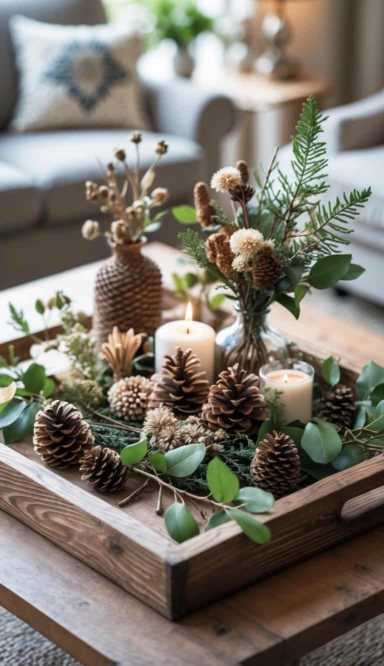 A wooden tray on a coffee table filled with seasonal flowers, greenery, and natural decorative objects.