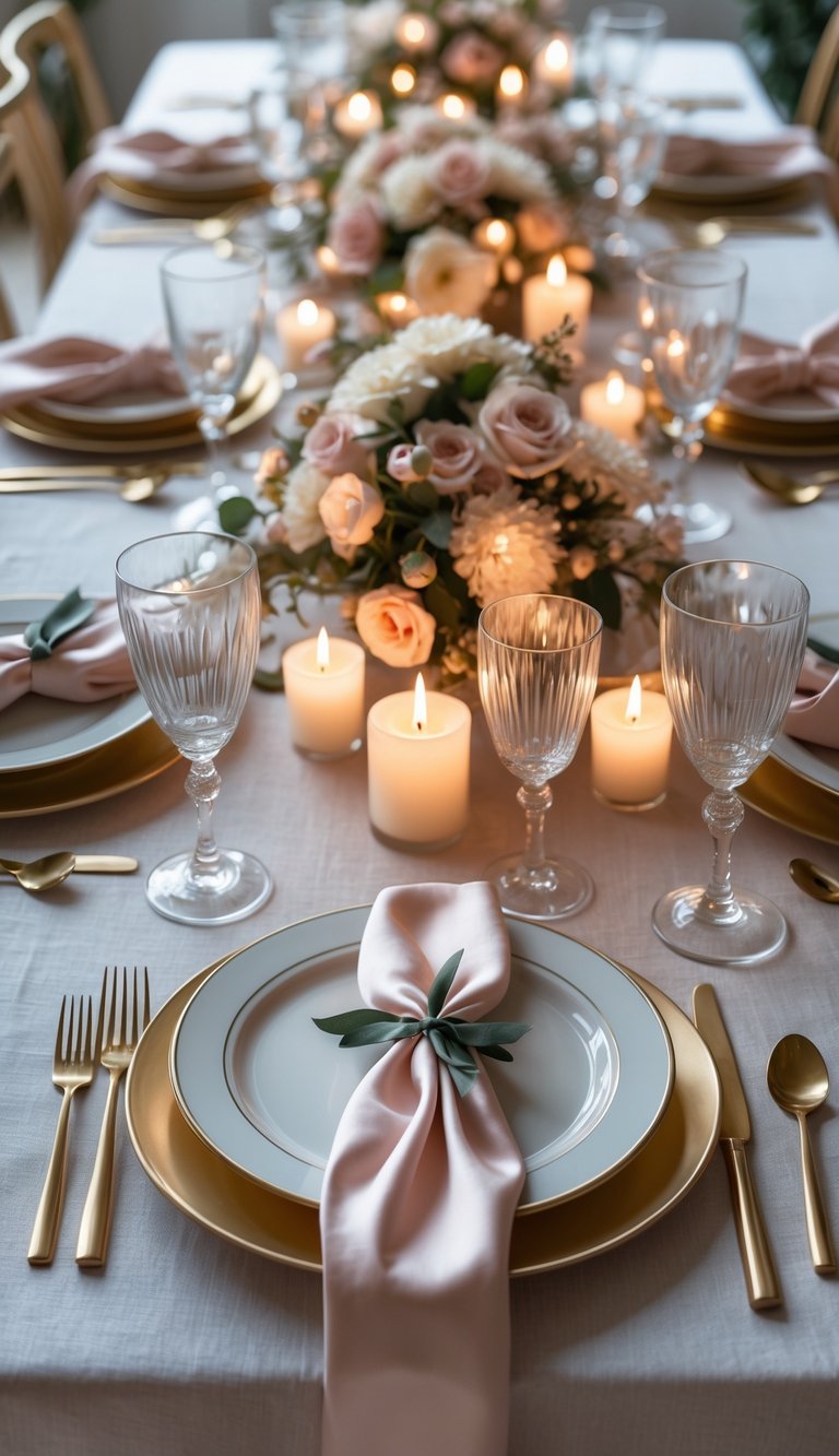 A dining table set with plates, glasses, cutlery, silk napkins tied with ribbons, floral centerpieces, and lit candles.