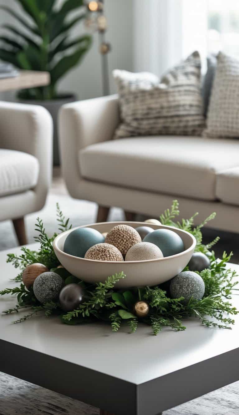 Ceramic bowl filled with decorative orbs placed on a coffee table surrounded by greenery and textured objects.