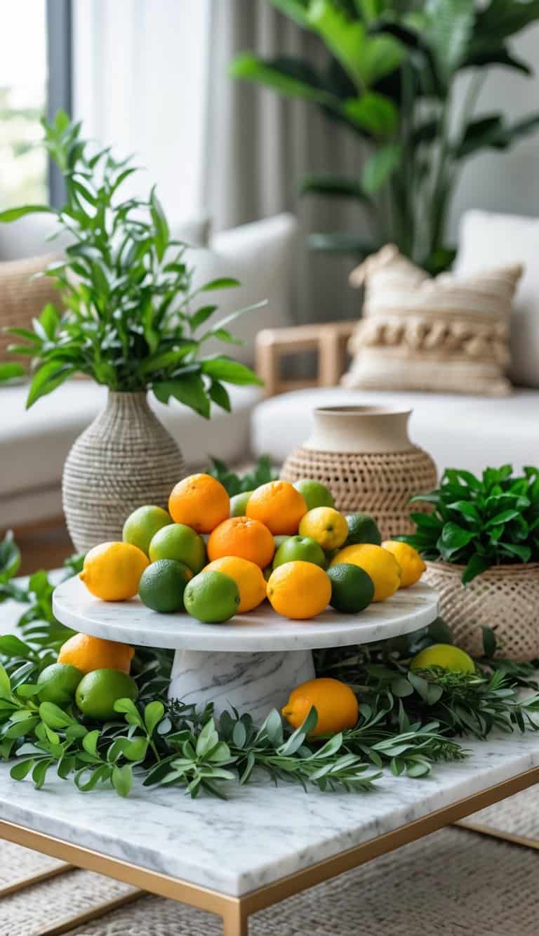 Marble platter with citrus fruits on a coffee table decorated with greenery and textured objects.