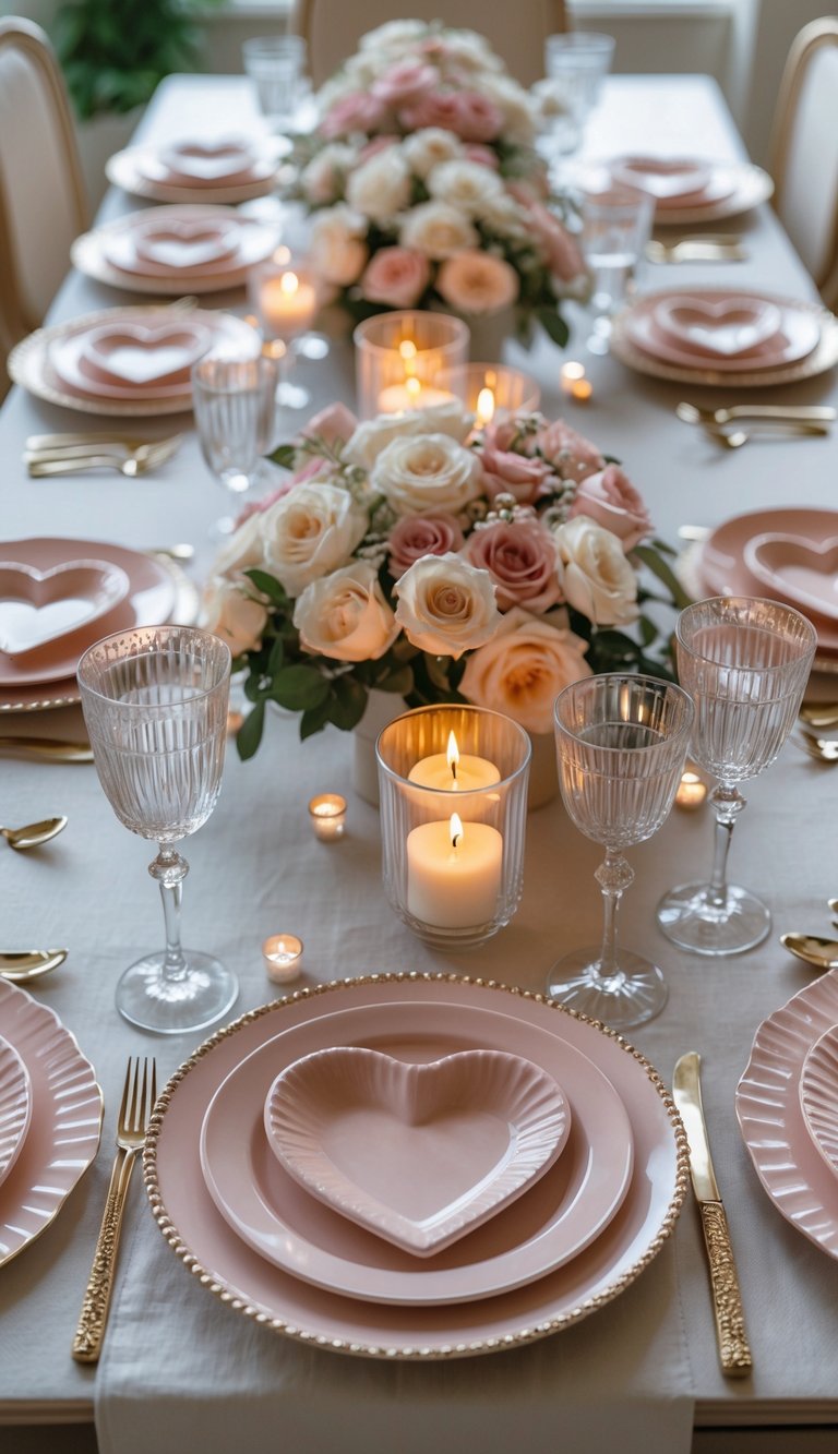 A dining table set with heart-shaped dessert plates, glasses, cutlery, floral centerpiece, and lit candles.