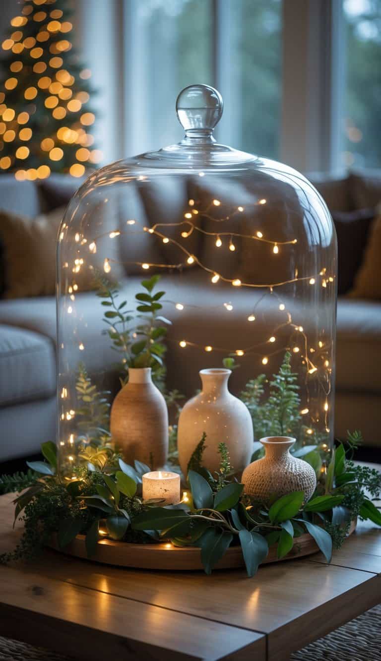 A large glass cloche with fairy lights inside sits on a coffee table decorated with greenery and textured objects.